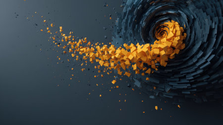 This captivating abstract artwork showcases a dynamic wave of orange cubes spiraling against a dark background, perfect for design inspiration.の素材