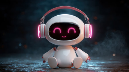 Adorable robot with a cheerful smile, wearing pink headphones, sits on a surface in a dark environment, radiating joy and fun.の素材