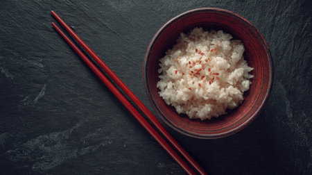 A visually appealing bowl of white rice garnished with red seasoning, paired with red chopsticks, set against a dark slate background, perfect for food lovers.の素材