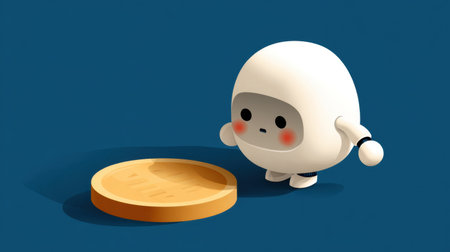 This charming image features a cute cartoon character curiously observing a wooden plate on a vibrant blue background, evoking a sense of innocence and playfulness.の素材