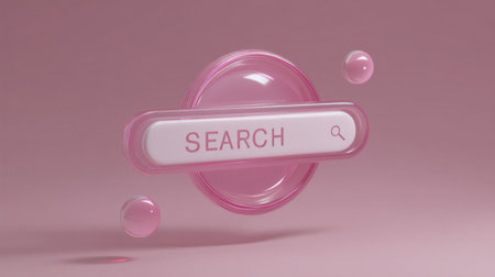 This image features a sleek pink search button with a glossy finish, surrounded by floating bubbles, set against a soft pink background. Ideal for digital design.の素材
