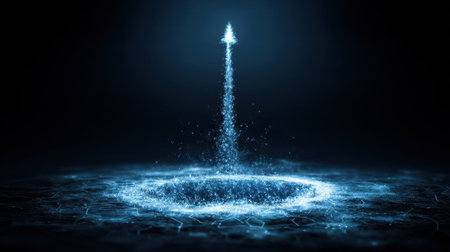 A captivating image of a futuristic water fountain creates an energetic atmosphere, with glowing particles shooting upward, illuminating a dark background.の素材