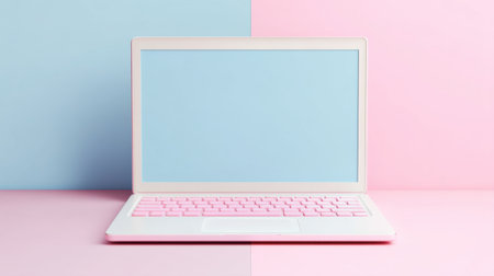 A stylish pink laptop sits against a pastel blue and pink background, ideal for showcasing digital creativity, productivity, and modern lifestyle.の素材