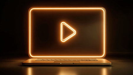 A sleek laptop with a neon illuminated play button symbol, set against a dark background, perfect for media and entertainment themes.の素材