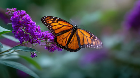 A stunning monarch butterfly gracefully lands on a vibrant purple flower, showcasing its vivid orange wings amid a serene garden backdrop.の素材