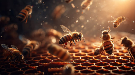 This stunning image showcases a dynamic scene of bees working around their honeycomb, illuminated by beautiful golden light, emphasizing nature's intricate balance.の素材