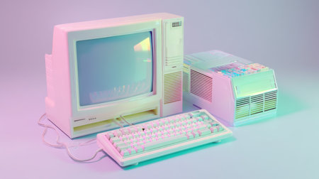 An artistic representation of a vintage computer setup featuring a retro monitor, keyboard, and main unit, all highlighted with soft pastel colors and gentle lighting, creating a nostalgic and whimsical atmosphere perfect for design projects.の素材