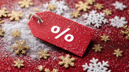A vibrant red price tag featuring a percentage symbol rests on a glittery surface adorned with golden snowflakes, embodying festive spirit and holiday sales.の素材