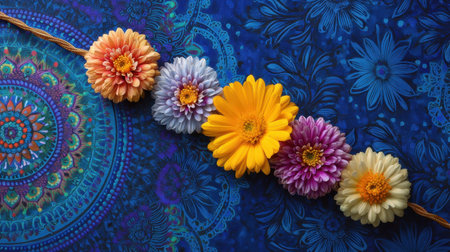 Captivating floral arrangement featuring vibrant flowers set against a stunning blue background with intricate patterns. Perfect for art and decoration.の素材