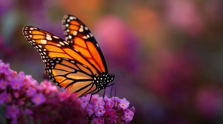 A stunning close-up of a vibrant monarch butterfly resting gracefully on delicate pink flowers, surrounded by a soft bokeh background, showcasing natural beauty.の素材