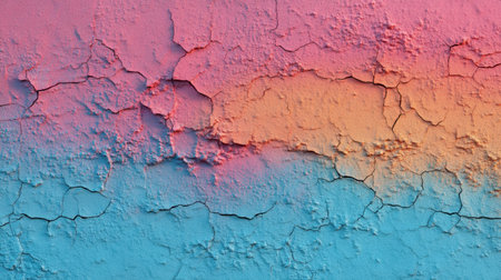 Close-up view of a weathered surface showcasing vibrant cracked paint in striking gradient shades of pink and blue. Ideal for artistic backgrounds.の素材