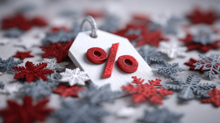 A vibrant discount tag featuring a bold percentage symbol surrounded by festive red and silver snowflakes, perfect for holiday promotions and marketing campaigns.の素材
