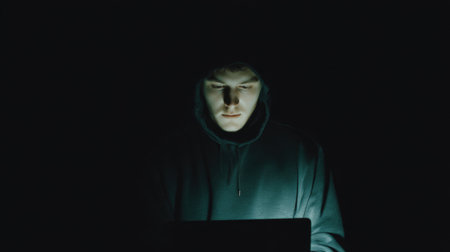 A young male wearing a hoodie sits in darkness, intensely focused on his laptop's glow, embodying a sense of mystery and solitude.の素材