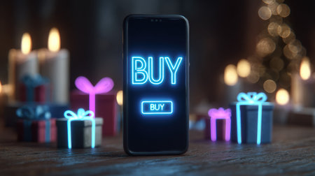 A vibrant smartphone screen displays a glowing "Buy" sign, accentuated by colorful gift boxes and flickering candles, evoking a joyful festive season.の素材