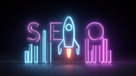A striking neon graphic showcasing the concept of SEO with a rocket symbolizing digital marketing growth. Ideal for tech and business themes.の素材