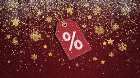 A vibrant holiday sale discount tag with a sparkling glitter background and festive decorations, perfect for promotions and marketing campaigns.の素材