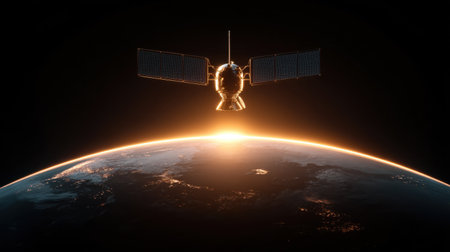 A captivating view of a satellite orbiting Earth, capturing the beauty of sunrise above the planet's surface with stunning colors and details.の素材