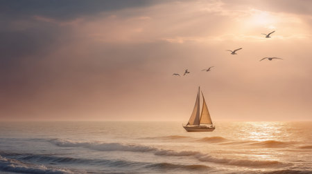 A tranquil scene of a sailboat gliding across calm waters during a stunning sunset, surrounded by flying seagulls and gentle waves.の素材