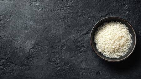 A close-up shot of white rice presented in a ceramic bowl set against a dark textured background, ideal for culinary and food-related themes.の素材