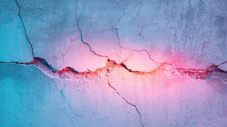 A close-up view of a cracked concrete wall illuminated with vibrant neon colors, showcasing an abstract urban texture and artistic details.の素材