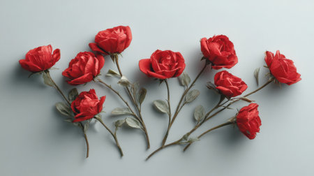A stunning display of vibrant red roses with subtle green leaves arranged on a soft blue background, perfect for use in floral designs and romantic themes.の素材