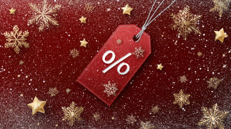 A vibrant red discount tag embellished with a percentage symbol rests on a textured festive backdrop filled with snowflakes and stars, perfect for seasonal promotions.の素材