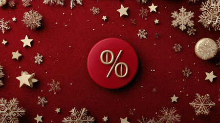 This vibrant red background features a percentage symbol with gold accents, surrounded by decorative stars and snowflakes, perfect for holiday promotions.の素材