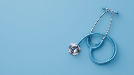 A blue stethoscope lies on a solid light blue background, representing healthcare and medical concepts. Ideal for illustrations related to diagnosis and patient care.の素材