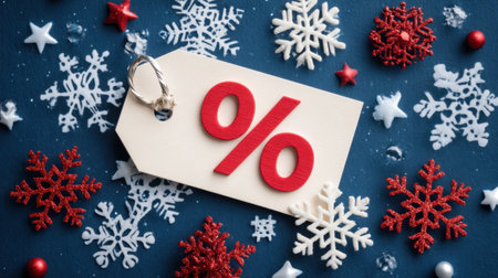 A vibrant holiday-themed composition featuring a festive discount tag with a red percentage sign surrounded by snowflakes and charming decorations.の素材