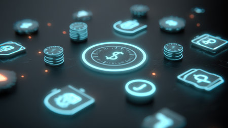 Explore a futuristic digital interface showcasing glowing finance and business icons, perfect for concepts related to digital marketing and analytics.の素材