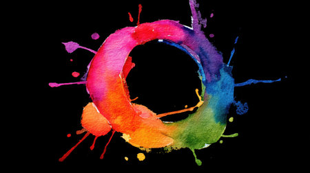 This striking artwork features a vibrant circle made of watercolor splashes in a variety of colors on a black background, perfect for creative projects.の素材