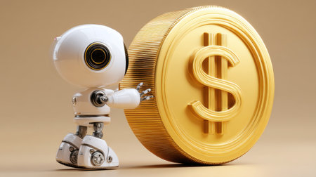A small, white robot stands beside a large, shiny gold coin marked with a dollar sign, representing themes of innovation, finance, and modern technology in business.の素材