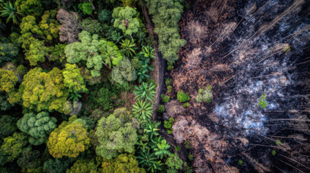 Stunning aerial photograph showing the stark contrast between vibrant green trees and a burnt landscape, highlighting the impact of forest fires on ecosystems.の素材