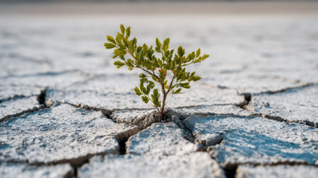 A resilient green plant emerges from the cracked, dry earth, symbolizing hope and survival in harsh environments. This image highlights the beauty of nature's tenacity.の素材