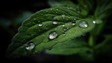 This stunning close-up showcases a vibrant green leaf adorned with glistening water droplets, illustrating the beauty of nature and freshness.の素材