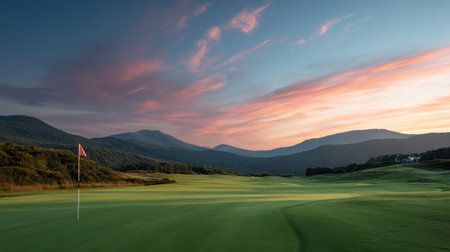 Majestic golf course scene captured at dusk features a lush green field bordered by mountains and a vibrant sky, inviting relaxation and leisure.の素材