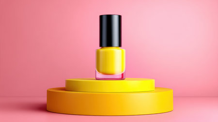 This vibrant image showcases a yellow nail polish bottle positioned on bright yellow platforms, creating a striking visual against a soft pink background, perfect for beauty marketing.の素材