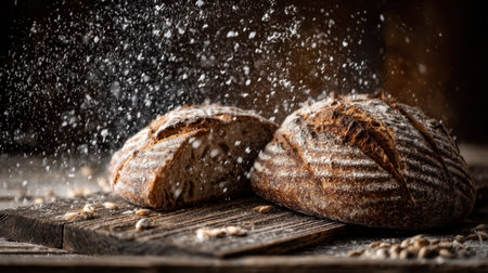 Freshly baked artisan bread rests on a rustic wooden table, surrounded by flour dust and grains, evoking warmth and tradition in a cozy bakery atmosphere.の素材