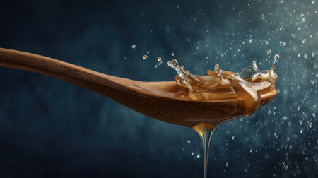 A stunning close-up of a wooden spoon drizzled with honey, capturing the dynamic splash of liquid in a dark backdrop, perfect for food-related projects.の素材