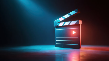A film clapperboard sits elegantly on a stage with dramatic lighting, symbolizing the essence of filmmaking and creativity in cinema production.の素材