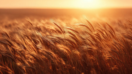 A stunning scene of golden wheat fields illuminated by sunset. The warm light casts a serene glow over the landscape, evoking tranquility and beauty.の素材