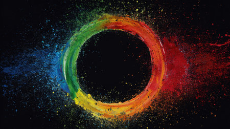 Discover a stunning abstract image featuring a vibrant rainbow circle with colorful splashes on a dark background, perfect for creative projects.の素材