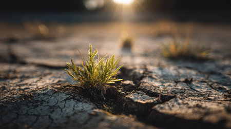 A close-up view of fresh green grass breaking through cracked soil at sunset, symbolizing resilience and the beauty of nature's renewal.の素材
