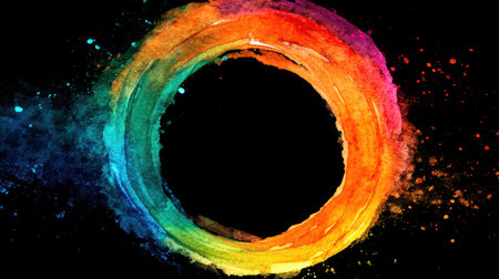 This stunning abstract image features a vibrant rainbow circle surrounded by colorful paint splashes on a sleek black background, perfect for creative projects.の素材