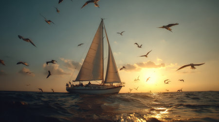 A serene sunset scene featuring a sailing boat navigating calm waters, while seagulls soar around, creating a picturesque maritime experience.の素材