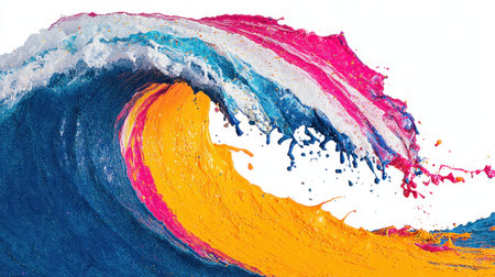 This stunning illustration showcases a vibrant wave created with bold colors of blue, pink, and orange, capturing dynamic motion against a white background.の素材