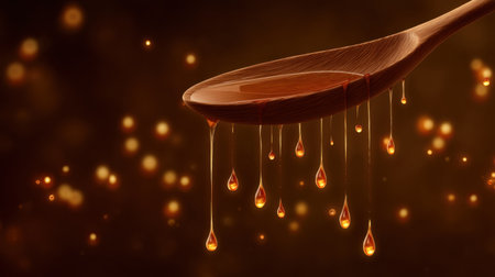 A close-up image showcasing honey slowly dripping from a wooden spoon, framed with a warm bokeh background that enhances its golden hue. Perfect for culinary uses.の素材