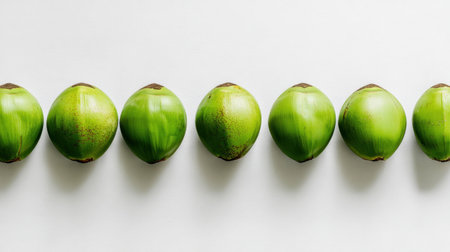 This image features a neat arrangement of fresh green hazelnuts on a white background, emphasizing their vibrant color and natural texture. Perfect for food-related themes.の素材