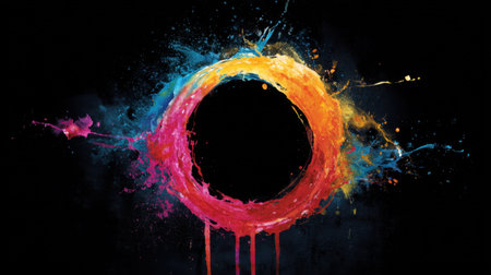 This vibrant abstract circle surrounded by colorful splashes creates a striking visual effect on a dark background, ideal for creative projects.の素材