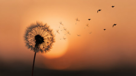 A serene scene featuring a dandelion releasing its seeds against a stunning sunset, with silhouetted birds soaring through the warm, orange sky.の素材